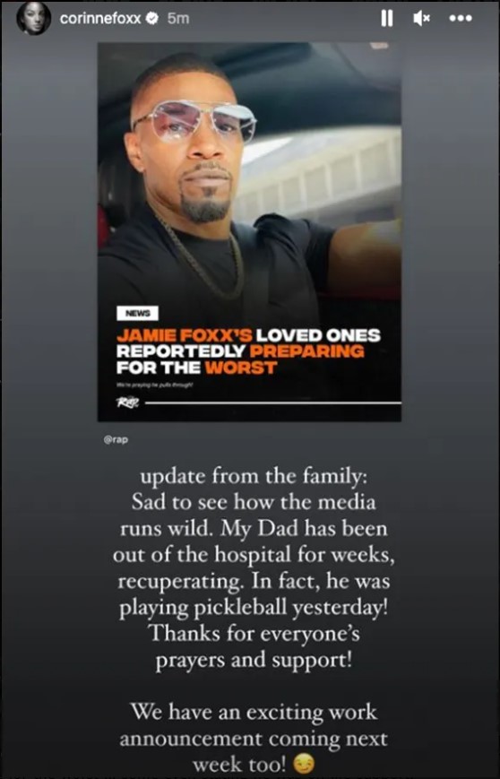 Filha de Jamie Foxx esclarece que o ator recebeu alta há semanas
