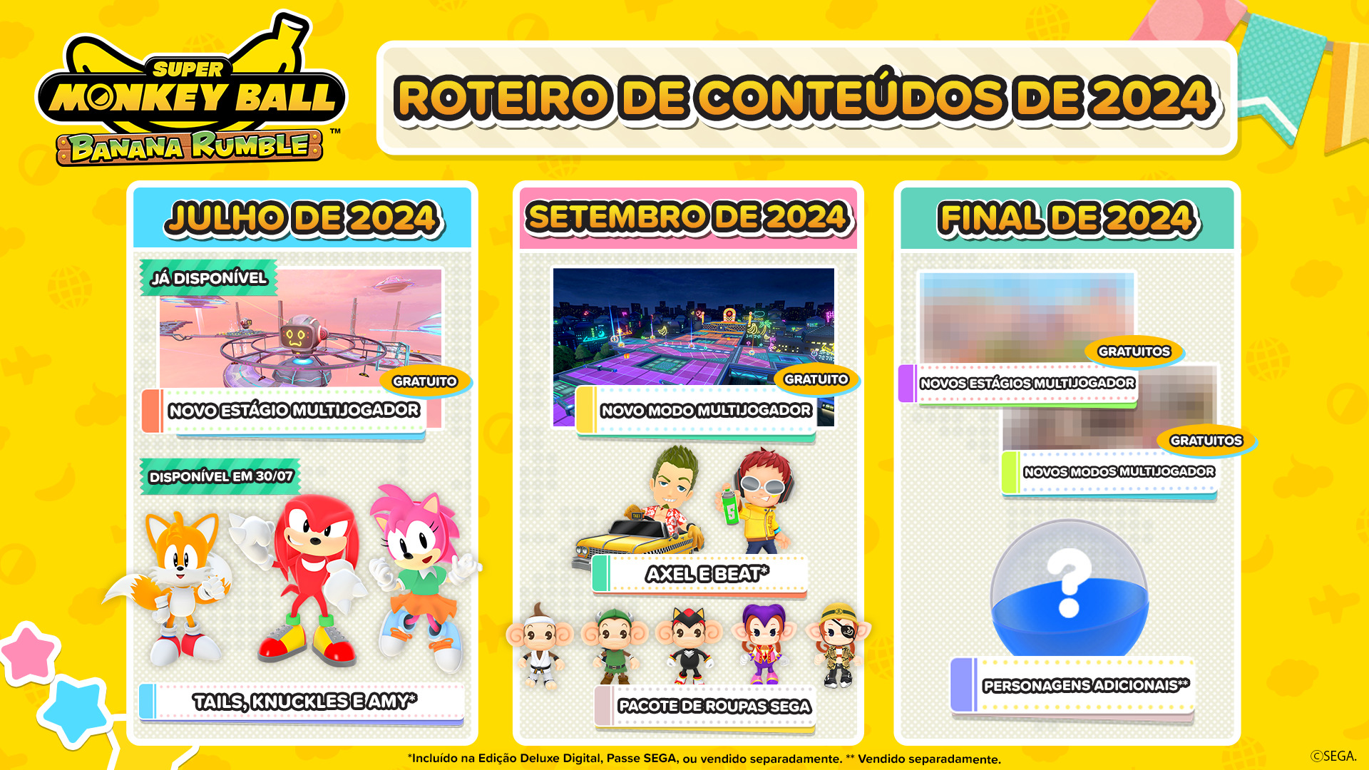 Tails, Knuckles e Amy Chegam ao Passe de Personagens SEGA em Super Monkey Ball Banana Rumble!