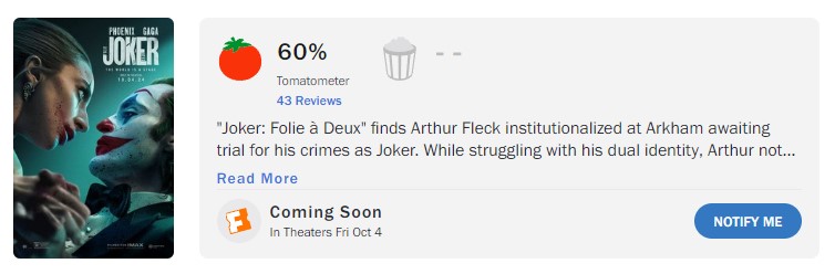 Coringa: Delírio a Dois Estreia com 60% de Aprovação no Rotten Tomatoes