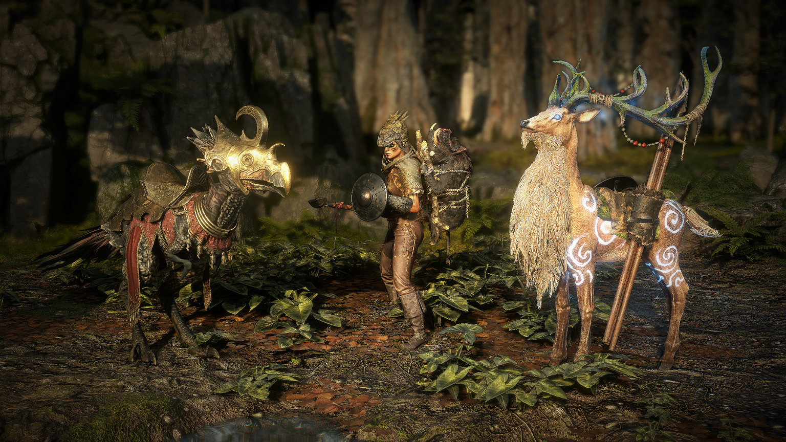 Da esquerda para a direita: Montaria de Guarda Real Rhoa, Bolsa Dorsal de Troféu de Caçador e Mascote: Cervo Nobre Azmeriano