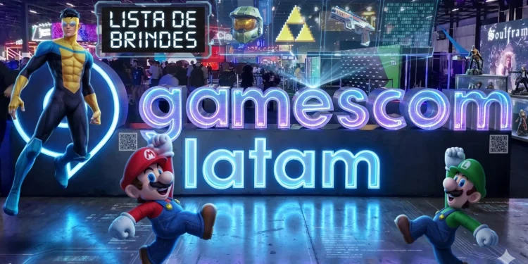 Brindes Gamescom Latam 2026 com Mario, Luigi e Invincible no estande principal do evento