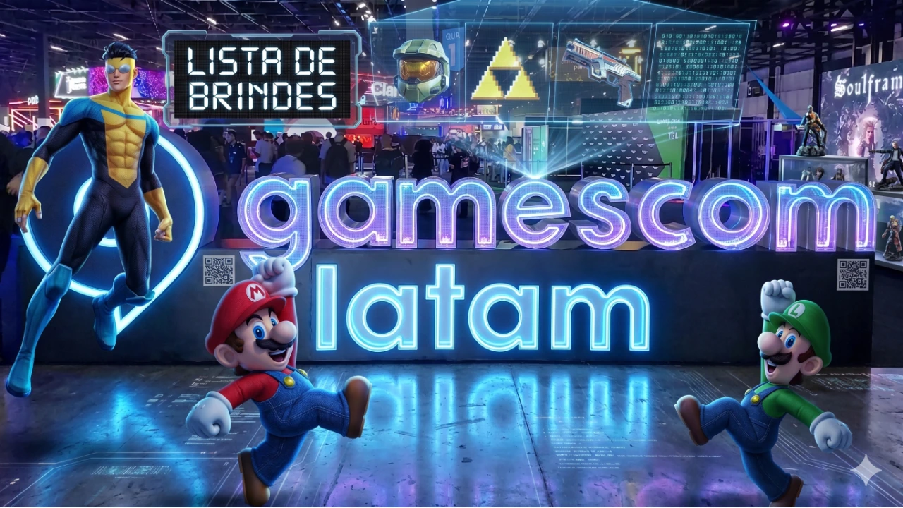 Brindes Gamescom Latam 2026 com Mario, Luigi e Invincible no estande principal do evento