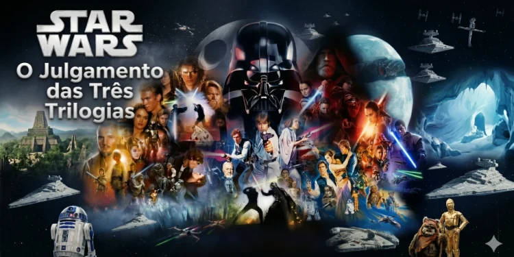 Arte oficial com personagens das três trilogias Star Wars — Original, Prequels e Sequelas — reunidos em painel épico