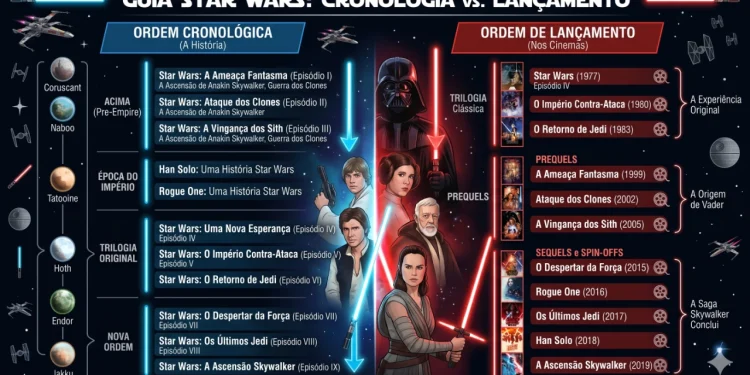 Colagem com personagens icônicos de Star Wars representando as diferentes ordens de exibição da saga — Alternativa Nerd