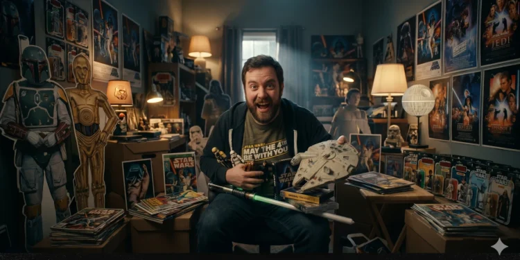Fã de Star Wars animado em quarto decorado com pôsteres, action figures, sabre de luz e Millennium Falcon, comemorando o May the 4th Be With You